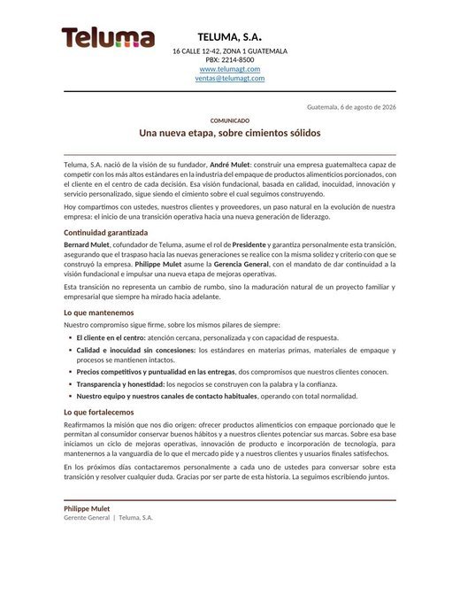 Comunicado Teluma, S.A.